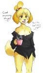  2014 amadeusvirus animal_crossing anthro black_nose blonde_hair blush breasts canine clothed clothing cup dog english_text female fur hair isabelle_(animal_crossing) mammal nintendo open_mouth simple_background solo standing text video_games white_background yellow_eyes yellow_fur 