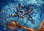  2018 blue_eyes bubble cat claws detailed_background digital_media_(artwork) feline feral fish flashw group invalid_tag mammal marine open_mouth orange_scales scales smile teeth tongue underwater water whiskers 