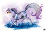  2018 ambiguous_gender blue_eyes dragon feral grass hair natoli purple_hair solo standing traditional_media_(artwork) 