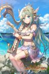  age_of_ishtaria bare_shoulders beach blue_eyes bracelet breasts cleavage company_name copyright_name day green_hair harp instrument jewelry kikugetsu long_hair low_twintails medium_breasts midriff navel official_art rock shell siren_(age_of_ishtaria) sitting sky solo star tattoo twintails water 