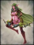  2017 absurd_res armor breasts cape clothed clothing digital_media_(artwork) elf female green_hair hair hi_res holding_object holding_weapon humanoid looking_at_viewer night_elf nilaia not_furry pink_skin pointy_ears ranged_weapon simple_background smile solo tattoo thick_thighs underwear vempire video_games warcraft weapon 