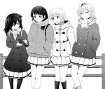  :&lt; :d breath cellphone coat commentary_request duffel_coat freckles fur_scarf greyscale hand_in_pocket hands_in_pockets kneehighs kuroki_tomoko loose_socks medium_hair monochrome multiple_girls open_mouth pantyhose phone pointing railing scarf school_uniform short_hair smartphone smile socks tamura_yuri tanaka_mako watashi_ga_motenai_no_wa_dou_kangaetemo_omaera_ga_warui! yokochou yoshida_masaki 