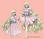  1girl absurdres arya-aiedail barefoot blonde_hair breast_envy dress dual_persona fairy_tail hair_ornament highres long_hair looking_at_another looking_at_viewer mavis_vermilion older open_mouth solo very_long_hair wading white_dress 