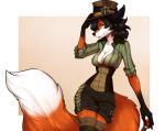  2018 anthro black_hair black_nose breasts canine cleavage clothed clothing digital_media_(artwork) dipstick_tail female firetally fox fur hair mammal multicolored_tail orange_fur simple_background smile solo standing 