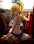  1girl absurdres anal ass_grab back blonde_hair bra_strap bracelet breasts car_interior choker cutoffs denim denim_shorts fangs fate/apocrypha fate_(series) girl_on_top green_eyes hair_ornament hair_scrunchie hetero highres jacket jacket_removed jesus_avalos jewelry lips long_hair looking_at_viewer looking_back mordred_(fate) mordred_(fate)_(all) panties parted_lips penis ponytail pov red_panties red_scrunchie reverse_cowgirl_position scrunchie sex short_shorts shorts small_breasts solo_focus spread_legs straddling strapless thong thong_aside tubetop uncensored underwear whale_tail 