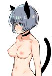  animal_ears bell bell_choker blue_eyes breasts cat_ears cat_tail choker collarbone grey_hair highres looking_at_viewer medium_breasts navel nezuko nipples nude original parted_lips short_hair solo tail 