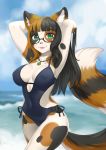  :3 animal_ears animal_nose arms_behind_head bangs beach black-framed_eyewear black_hair blunt_bangs breasts brown_hair cleavage commentary commission covered_nipples cristalavi day english_commentary furry green_eyes highres jewelry large_breasts long_hair looking_at_viewer melody_(mellybyte) multicolored_hair necklace ocean one-piece_swimsuit original seashell semi-rimless_eyewear shell side-tie_swimsuit solo swimsuit tail two-tone_hair under-rim_eyewear 
