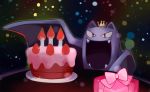  birthday birthday_cake black_background box cake candle commentary creature crown fangs fire food fruit gen_1_pokemon gift gift_box golbat happy no_humans open_mouth pink_ribbon pokemon pokemon_(creature) polka_dot polka_dot_background purple_eyes ribbon solo strawberry table tareme wings yiq 