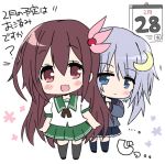  :&lt; :d black_legwear black_serafuku black_skirt blue_eyes brown_eyes brown_hair calendar_(object) chibi commentary_request crescent crescent_hair_ornament floral_background frilled_skirt frills green_sailor_collar green_skirt hair_ornament hizuki_yayoi kantai_collection kisaragi_(kantai_collection) long_hair multiple_girls open_mouth pleated_skirt purple_hair sailor_collar school_uniform serafuku short_hair short_hair_with_long_locks simple_background skirt smile standing thighhighs translated white_background yayoi_(kantai_collection) 