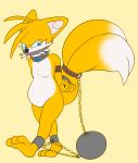  2017 3_toes anthro ball_and_chain bdsm belly big_tail black_nose blue_eyes blue_pupils bondage bound canine chain coillte collar digital_drawing_(artwork) digital_media_(artwork) dipstick_tail feet fox fur gag gagged hi_res long_tail male mammal miles_prower multi_tail multicolored_fur multicolored_tail nude orange_fur rope rope_bondage shock_collar simple_background slightly_chubby solo sonic_(series) story story_in_description tape tape_gag toes two_tone_fur video_games white_fur yellow_background 