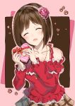  :d ^_^ blush brown_hair closed_eyes collarbone commentary_request fang flower gift hair_flower hair_ornament hairband heart holding holding_gift idolmaster idolmaster_cinderella_girls maekawa_miku open_mouth paw_print pink_background plaid plaid_skirt short_hair skirt smile solo sparkle takeashiro valentine 
