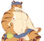  2018 5_fingers anthro areola bandanna biceps big_muscles blush claws clothed clothing digital_media_(artwork) feline flaccid flat_colors front_view fur hi_res humanoid_penis kemono looking_at_viewer male mammal mostly_nude muscular muscular_male navel nipples open_mouth pecs penis sharp_claws sharp_teeth sheeporwolf simple_background sitting smile solo standing teeth tiger topless towel 