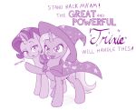  2018 cape clothing digital_media_(artwork) dstears duo english_text equine female feral friendship_is_magic gem hair hat horn horse invalid_tag jewelry mammal monochrome multicolored_hair my_little_pony pony simple_background smile star starlight_glimmer_(mlp) text trixie_(mlp) two_tone_hair unicorn unimpressed 
