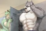  2018 abs absurd_res anthro biceps blood canine clothed clothing digital_media_(artwork) duo fur green_fur grey_fur hi_res kemono locker_room male mammal mono_g multicolored_fur muscular muscular_male nosebleed red_eyes topless wolf 