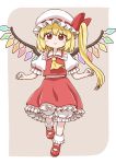  ascot bangs blonde_hair bloomers blush bobby_socks bow collar collared_shirt commentary crystal eyebrows_visible_through_hair flandre_scarlet frilled_collar frilled_shirt frilled_shirt_collar frilled_skirt frilled_sleeves frills full_body hat hat_bow hat_ribbon looking_at_viewer mary_janes mob_cap petticoat poronegi puffy_short_sleeves puffy_sleeves red_bow red_eyes red_ribbon red_skirt red_vest ribbon shirt shoes short_hair short_sleeves side_ponytail skirt skirt_set smile socks solo standing standing_on_one_leg touhou underwear vest white_hat white_shirt wings yellow_neckwear 