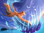  blue_feathers canine day detailed_background digital_media_(artwork) feathered_wings feathers fur hybrid mammal muns11 orange_fur outside paws sky wings 