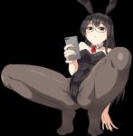  alternate_costume animal_ears black_background black_hair black_legwear black_leotard breasts bunny_ears bunny_tail bunnysuit cellphone commentary_request detached_collar full_body glasses green_eyes kantai_collection leotard long_hair looking_at_phone medium_breasts minarai_zouhyou necktie ooyodo_(kantai_collection) pantyhose phone red_neckwear semi-rimless_eyewear solo spread_legs squatting strapless strapless_leotard tail 