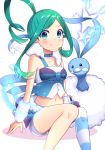  absurdres altaria asymmetrical_legwear blue_eyes blush breasts collar collarbone crop_top eyebrows_visible_through_hair floating_hair gen_3_pokemon green_hair high_ponytail highres long_hair looking_at_viewer lucia_(pokemon) medium_breasts midriff navel pokemon pokemon_(game) pokemon_oras ponytail short_shorts shorts simple_background sleeveless smile solo stomach striped striped_legwear thighhighs white_background white_shorts wrist_cuffs yuihiko 