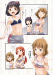  3girls :d :o animal_print arm_up bare_arms bare_shoulders black_hair blue_bra blush bow bow_bra bra breasts brown_hair cat_bra cat_print chestnut_mouth collarbone comic commentary_request crossed_arms eyes_closed grey_pants hair_bobbles hair_ornament hand_behind_head highres idolmaster idolmaster_million_live! long_hair multiple_girls nakatani_iku navel no_shirt one_side_up oogami_tamaki open_mouth orange_hair pants parted_lips polka_dot polka_dot_bra print_bra shirt short_sleeves small_breasts smile suou_momoko track_pants training_bra translation_request underwear undressing white_bra white_shirt whitecheese_tan 