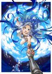  1girl bare_shoulders barefoot blue_eyes blue_hair bubble dress gauntlets gran_(granblue_fantasy) granblue_fantasy holding_hands kishiyama long_hair looking_at_viewer lyria_(granblue_fantasy) open_mouth pov see-through smile solo_focus underwater very_long_hair white_dress 