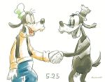  4_fingers anthro black_nose bottomless buckteeth canine clothed clothing disney dog duo eyes_closed eyewear glasses goofy_(disney) handshake hat kurokuma824 mammal old_toon open_mouth open_smile past_meets_present smile square_crossover standing teeth vest white_gloves 