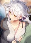  alternate_costume arm_grab black_bra blurry blurry_background blush bra braid breast_press breasts collarbone commentary_request contemporary crowded eyebrows_visible_through_hair failure_penguin hair_between_eyes kantai_collection large_breasts long_hair looking_to_the_side open_mouth out_of_frame outdoors outside_border purple_scrunchie scrunchie shirt silver_hair single_braid solo tareme underwear unryuu_(kantai_collection) upper_body very_long_hair when_you_see_it white_shirt yamaarashi yellow_eyes 