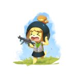 2018 animal_crossing anthro burgerkiss canine clothing digital_media_(artwork) dog eyes_closed female gun hi_res isabelle_(animal_crossing) mammal nintendo open_mouth ranged_weapon solo video_games weapon 