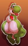  2018 anthro balls big_butt butt feet green_skin jerseydevil looking_at_viewer male mario_bros nintendo open_mouth presenting presenting_hindquarters red_skin simple_background smile sweat tongue tongue_out twerking video_games white_skin yoshi 