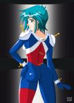  1girl allenby_beardsley artist_request ass backboob blue_hair blush bodysuit breasts from_behind g_gundam green_eyes gundam looking_at_viewer looking_back medium_breasts mobile_trace_suit shiny shiny_clothes shiny_hair short_hair skin_tight smile solo 