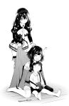  black_hair blush braid breasts cape cat chomusuke covering_with_blanket greyscale hair_ornament highres komekko kono_subarashii_sekai_ni_shukufuku_wo! large_breasts long_hair looking_at_viewer megumin misu_kasumi monochrome multiple_girls open_mouth red_eyes sleeping smile star star_hair_ornament twintails yunyun_(konosuba) 