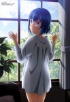  absurdres blue_eyes blue_hair cloud cloudy_sky curtains food food_on_face highres hina_(hinamatsuri) hinamatsuri_(manga) ikura_(food) indoors looking_at_viewer looking_back megami naked_shirt official_art plant shirt short_hair sky solo tree tsujikami_ayaka white_shirt window 