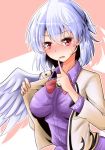  blush breasts breasts_apart brooch collared_shirt commentary ear eyebrows_visible_through_hair finger_to_mouth highres jacket jewelry kishin_sagume large_breasts long_sleeves looking_at_viewer neck no_bra nose_blush open_mouth oshiaki purple_shirt red_eyes shirt short_hair shushing silver_hair single_wing solo sweat touhou upper_body white_jacket wings 