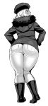  ass boots elf-san_wa_yaserarenai. greyscale hands_on_hips hat highres kuroeda-san long_hair looking_at_viewer looking_back mole mole_under_eye monochrome simple_background solo synecdoche thick_thighs thighs white_background 