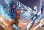  ambiguous_gender blue_eyes blue_feathers canine digital_media_(artwork) duo feathered_wings feathers feral fox fur hybrid mammal muns11 orange_fur outside sky star starry_sky twilight white_fur wings 
