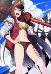  :d absurdres bikini blue_sky breasts brown_hair checkered checkered_flag cleavage cloud commentary_request day fate/grand_order fate_(series) flag groin hand_on_hip hat highres long_hair medium_breasts navel oda_nobunaga_(fate) oda_nobunaga_(swimsuit_berserker)_(fate) open_mouth over_shoulder red_eyes saamon_(dream81come) sky smile solo swimsuit swimsuit_under_clothes sword sword_over_shoulder v-shaped_eyebrows weapon weapon_over_shoulder 