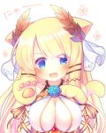  :d animal_ears azur_lane bangs blonde_hair blue_eyes blush breast_suppress breasts cat_ears cat_tail cleavage commentary eyebrows_visible_through_hair fang flower_ornament gloves hair_ornament large_breasts laurel_crown long_hair looking_at_viewer open_mouth paw_gloves paw_pose paws ribbon sakurato_ototo_shizuku smile solo tail upper_body veil victorious_(azur_lane) wrist_ribbon 
