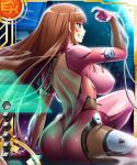  1girl aoi_nagisa_(metalder) ass blue_eyes bodysuit breasts brown_hair card_(medium) curvy erect_nipples female grin huge_breasts koukawa_asuka lilith-soft long_hair shiny shiny_skin sitting smile solo taimanin_(series) taimanin_asagi taimanin_asagi_3 taimanin_asagi_battle_arena very_long_hair 