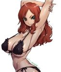  amania_orz armpits arms_up bikini black_bikini blush breasts cleavage commentary_request darling_in_the_franxx dated frilled_bikini frills front-tie_top green_eyes large_breasts long_hair looking_at_viewer nana_(darling_in_the_franxx) red_hair side-tie_bikini simple_background smile solo swimsuit twitter_username underboob white_background 