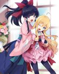  :d ;d ahoge black_eyes black_hair black_legwear blonde_hair blue_eyes blue_hakama bow bowtie dress eyebrows_visible_through_hair fang gloves hair_between_eyes hair_bow hair_ribbon hakama high_ponytail highres hug hug_from_behind isekai_wa_smartphone_to_tomo_ni. japanese_clothes jewelry kimono kokonoe_yae layered_dress leg_up long_hair multiple_girls necklace one_eye_closed open_mouth pantyhose pink_dress pink_gloves pink_kimono red_bow red_neckwear ribbon short_sleeves smile socks soucie_elnea_ortlinde standing usatsuka_eiji very_long_hair white_legwear white_ribbon 