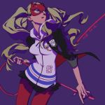  absurdres blue_eyes cat_mask highres long_hair mask misaq pantyhose persona persona_5 shuujin_academy_uniform solo takamaki_anne twintails whip 