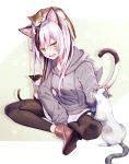  :d animal animal_ear_fluff animal_ears animal_on_head black_hair black_pants blush brown_footwear cat cat_ears cat_on_head cat_tail commentary_request eyebrows_visible_through_hair fang full_body grey_hoodie highres hood hood_down indian_style leggings long_hair long_sleeves on_head open_mouth original pants patting paw_print sitting skirt slit_pupils smile solo tail white_hair white_skirt yellow_eyes yuya_(night_lily) 