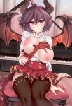  bangs between_breasts black_legwear blush breasts breasts_outside buttons commentary dragon_horns dragon_tail dragon_wings dress_shirt eyebrows_visible_through_hair granblue_fantasy grea_(shingeki_no_bahamut) hair_between_eyes hand_between_breasts hips horns instrument kanachirou large_breasts looking_at_viewer nipples open_clothes open_shirt parted_lips piano pointy_ears puffy_nipples purple_hair red_eyes red_skirt shingeki_no_bahamut shirt short_hair sitting skirt slit_pupils solo tail thighhighs thighs twitter_username unaligned_breasts wings zettai_ryouiki 