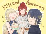  1boy 2girls :q akina_(akn_646) alfonse_(fire_emblem) anna_(fire_emblem) anniversary bird blonde_hair blue_eyes blue_hair braid brother_and_sister cake closed_mouth crown_braid eyes_closed feh_(fire_emblem_heroes) fire_emblem fire_emblem_heroes food food_on_face fork gradient_hair hair_ornament holding holding_fork holding_plate long_hair multicolored_hair multiple_girls nintendo one_eye_closed open_mouth owl pink_hair plate ponytail red_eyes red_hair sharena short_hair siblings simple_background sleeveless smile tongue tongue_out v yellow_background 