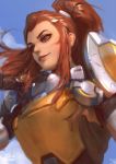  armor blue_sky brigitte_(overwatch) brown_eyes brown_hair hair_ornament hairclip looking_to_the_side overwatch ponytail raikoart sketch sky smile upper_body 