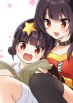  absurdres bandaged_leg bandages black_hair blush cape hair_ornament highres komekko kono_subarashii_sekai_ni_shukufuku_wo! megumin misu_kasumi multiple_girls open_mouth reading red_eyes siblings single_thighhigh sisters smile star star_hair_ornament thighhighs twintails 