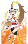  :d absurdres bike_shorts black_shorts blonde_hair blue_eyes dress floating_hair hair_between_eyes helmet high_ponytail highres koruni_(pokemon) leg_up long_hair open_mouth pokemon pokemon_(game) pokemon_xy red_legwear shorts sleeveless sleeveless_dress smile solo standing standing_on_one_leg tri_tails very_long_hair white_dress white_footwear yuihiko 