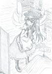  :&lt; angel_wings apron bangs blouse blush boots bow bowtie closed_mouth collar collared_blouse commentary_request cross-laced_footwear eyebrows_visible_through_hair food frilled_blouse frilled_skirt frills from_above fruit full_body graphite_(medium) greyscale hat highres hinanawi_tenshi lace-up_boots leaf leaning_forward long_hair looking_away mahiro_(akino-suisen) mall mirror monochrome peach petticoat puffy_short_sleeves puffy_sleeves shelf shop short_sleeves sidelocks sign skirt solo standing touhou traditional_media translation_request very_long_hair wings 