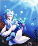  blue_eyes border bubble commentary creature eye_contact eyelashes gen_3_pokemon gen_7_pokemon green_hair hair_ornament highres long_hair looking_at_another looking_back looking_down looking_up luvdisc midna01 no_humans pokemon pokemon_(creature) popplio primarina seal sitting tied_hair underwater very_long_hair watermark web_address white_border 