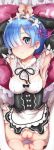  2girls ass blue_eyes blue_hair blush breasts censored chunyan close-up detached_sleeves dress female hair_ornament hair_over_one_eye headdress highres looking_at_viewer lying maid medium_breasts multiple_girls no_panties on_back pussy pusy_juice re:zero_kara_hajimeru_isekai_seikatsu rem_(re:zero) shiny shiny_skin short_hair spread_legs thighhighs white_legwear white_thighhighs x_hair_ornament 