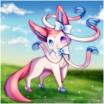  blue_eyes blue_sky closed_mouth cloud cloudy_sky commentary creature day flower foot_wings full_body grass head_tilt heterochromia looking_at_viewer midna01 pink_ribbon pokemon pokemon_(creature) pokemon_(game) pokemon_xy purple_eyes ribbon sky standing sylveon tail 